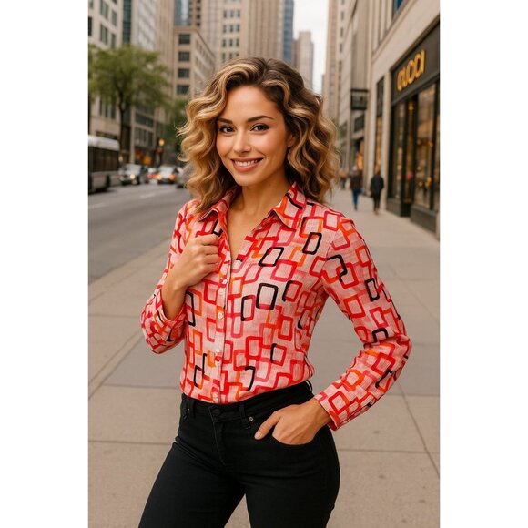 Essentials By Milano XL Pink Geometric Button Up Blouse Retro Cityworkcore - Picture 1 of 11